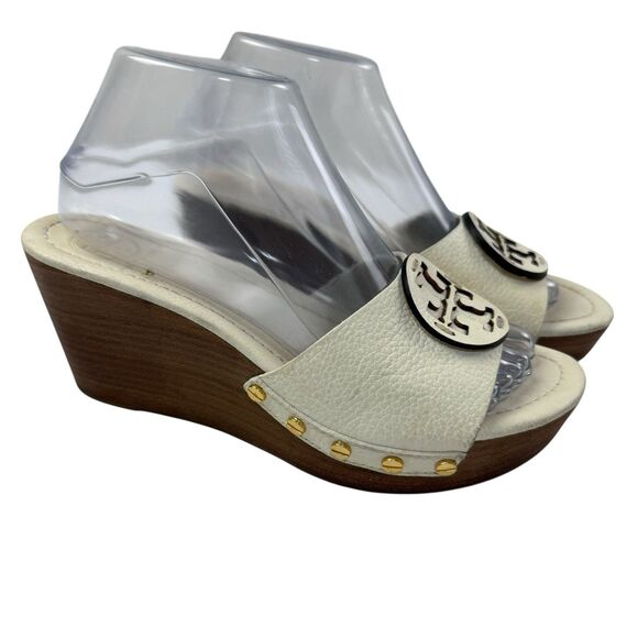 Tory Burch Patty Leather Platform Heeled Wedge Sandals Women Size 8 Cream - Picture 3 of 15